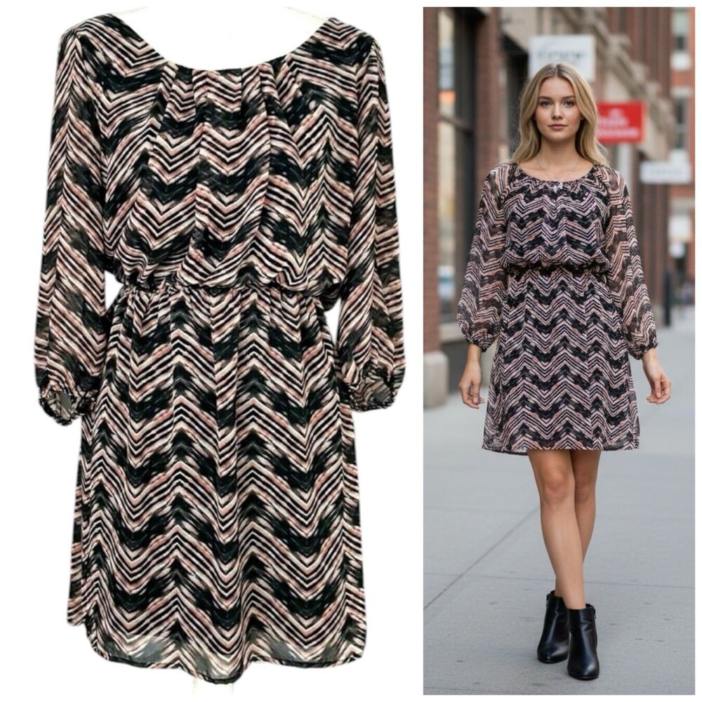 Lily Rose Dress Womens Large  Office Work Blouson Pink Black Lined Chevron Sheer